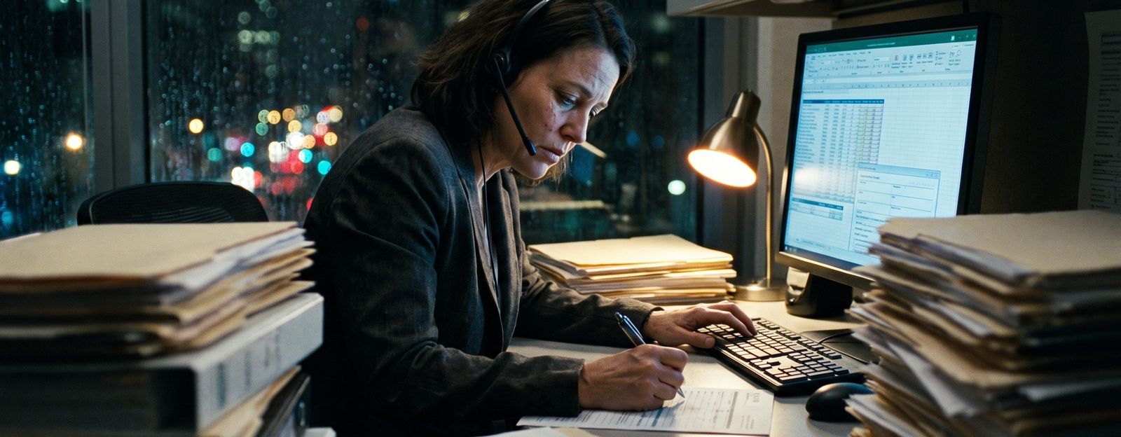 Analista transcribiendo documentos de identidad de formularios en papel durante la noche