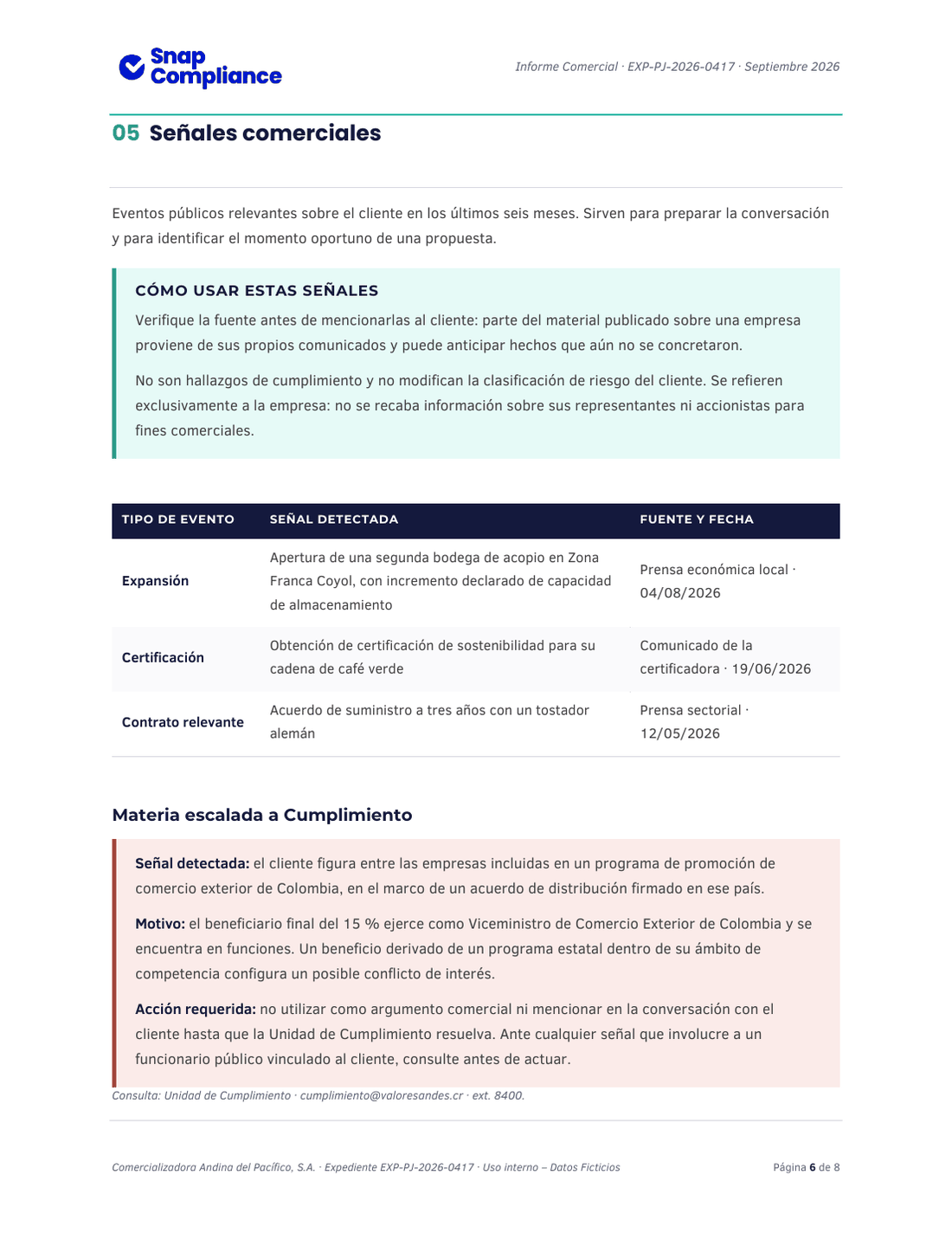 Página de señales comerciales en prensa del informe de idoneidad