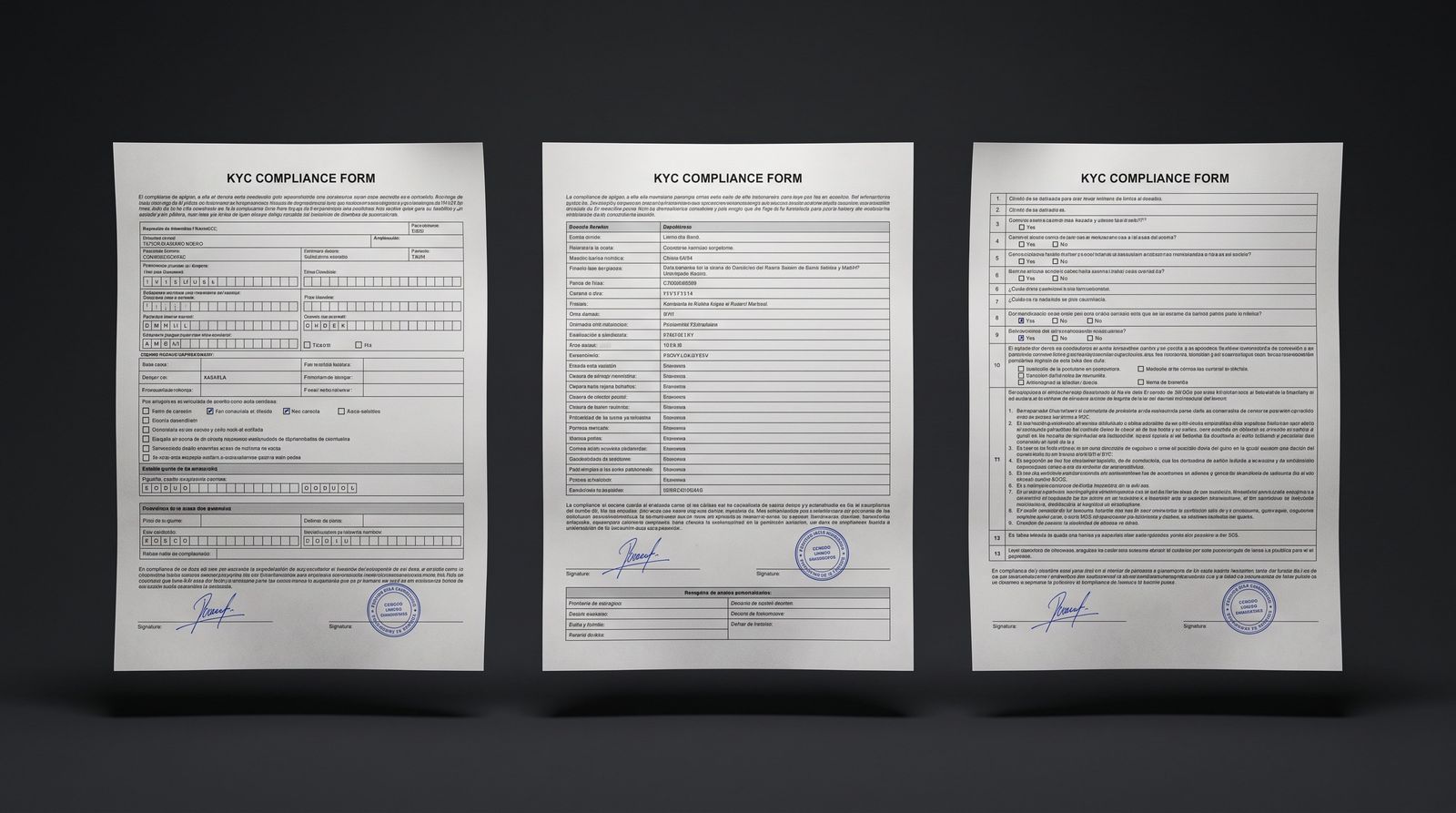 Tres formularios KYC de instituciones distintas alineados sobre fondo oscuro