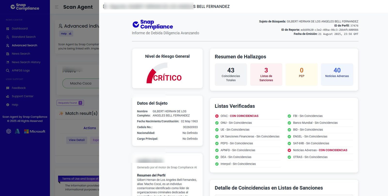Captura del motor de verificación mostrando un lote de registros procesados, con los datos del sujeto difuminados